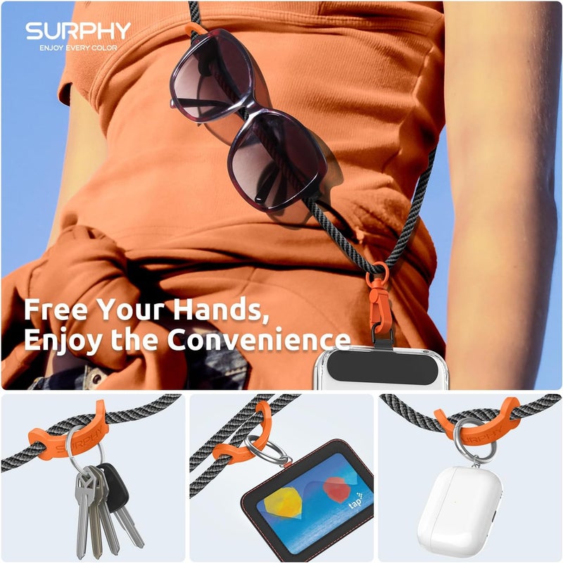 SURPHY Phone Lanyard, Adjustable Phone Strap Crossbody with 2 Pack Cell Phone Tether Tab, Premium Metal Buckles and Two-Color Braided Cell Phone Lanyard Crossbody for Women and Men, Black & Grey - Image 3